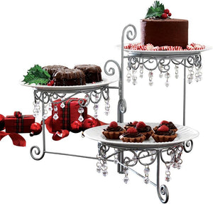 3-Tier Silver Tone Swivel Server with Exquisite Beadwork - Perfect for Appetizers, Snacks, and Desserts - Crystal Clear Delight