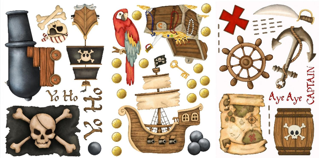 Pirate's Treasure Stickers Wall Decals Children Bedroom Decor Peek-a-Boo Cannon Pirate Flag Treasures Chest Ahoy Matey's