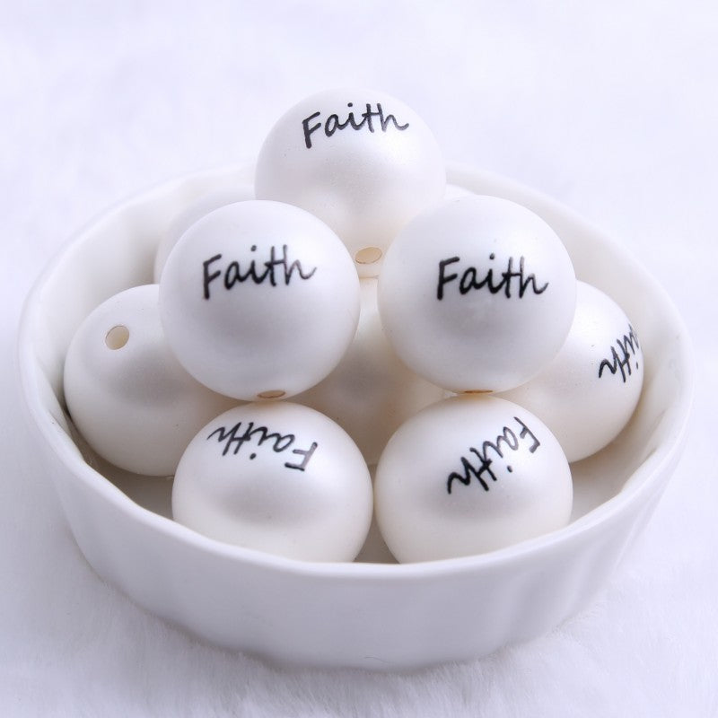 20mm Bubblegum Beads INSPIRATIONAL WORD Blessed Faith Love Hope Printed White Bubble Gum Gumball Keychains Badge Reels Chunky Necklace