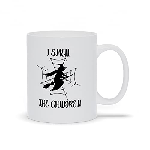 I Smell The Children Halloween Coffee Mug 11oz. Gift Printed on Both Sides Spiderweb Witch Broom