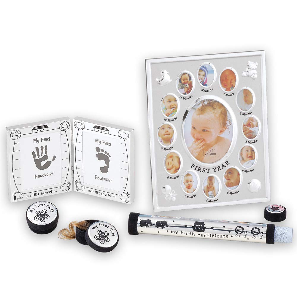Baby Keepsake 5-Piece Silver-Tone Gift Set for First Year with Frame, First Tooth, Lock of Hair, Footprints & Birth Certificate