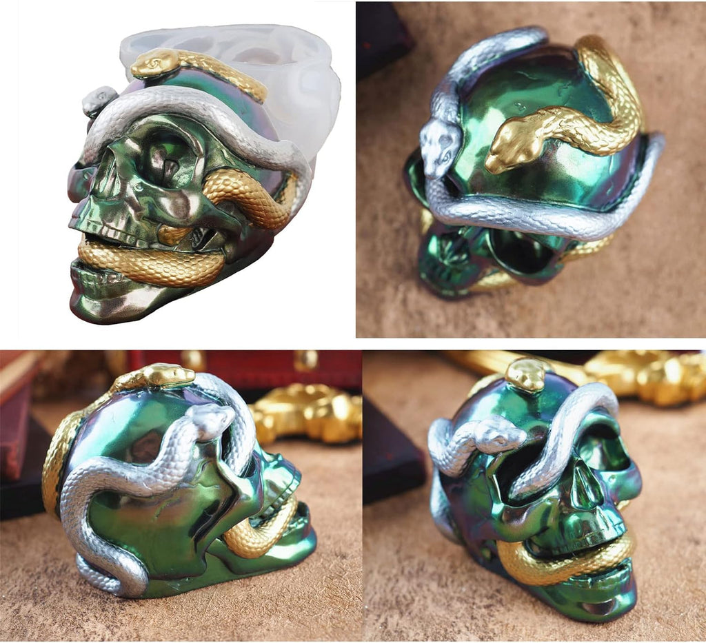 Fogun Snake Epoxy Casting Silicone Candle Mold Skull for Head Snake Silicone Mold DIY Crystal Epoxy Resin Dual Snakes Mirror Mo