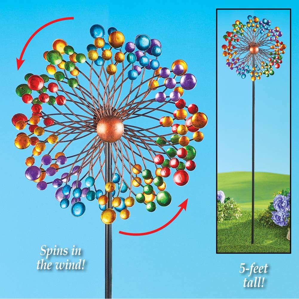Vibrant Double-Sided Rainbow Metal Wind Spinner Lawn Stake: Whimsical Outdoor Motion and Color