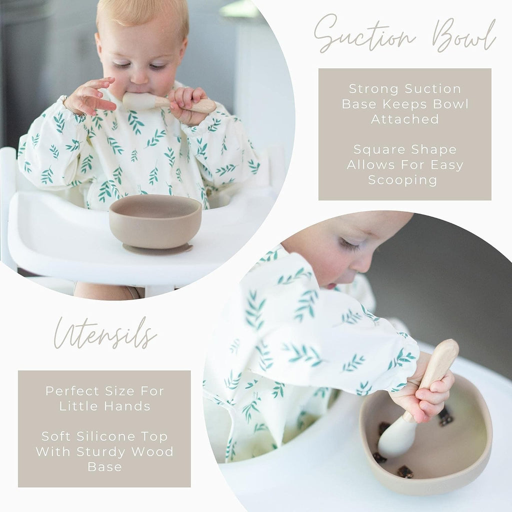 Little Keegs Baby Feeding Set - Baby Must Haves Gift Set - Baby Led Weaning Supplies - Toddler Silicone Feeding Set - Suction Baby Bowl, Bib, Snack Cup, Utensils, Baby Plate Set of 8 (Beige)