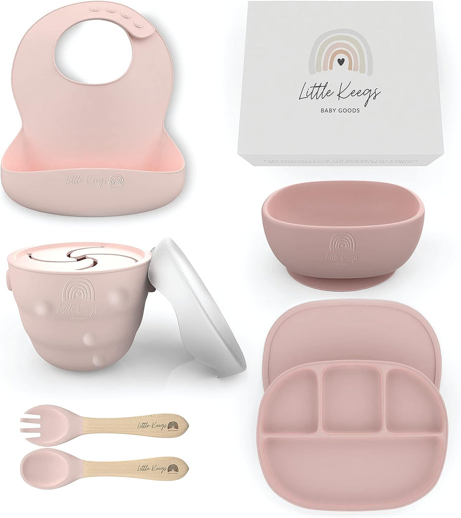Little Keegs Baby Feeding Set - Baby Must Haves Gift Set - Baby Led Weaning Supplies - Toddler Silicone Dishes - Suction Baby Bowl, Bib, Snack Cup, Utensils, Baby Plate Set of 8 (Pink)