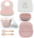 Little Keegs Baby Feeding Set - Baby Must Haves Gift Set - Baby Led Weaning Supplies - Toddler Silicone Dishes - Suction Baby Bowl, Bib, Snack Cup, Utensils, Baby Plate Set of 8 (Pink)