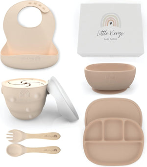 Little Keegs Baby Feeding Set - Baby Must Haves Gift Set - Baby Led Weaning Supplies - Toddler Silicone Feeding Set - Suction Baby Bowl, Bib, Snack Cup, Utensils, Baby Plate Set of 8 (Beige)