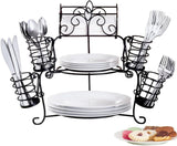 Metal Buffet Organizer with Scroll Design, 7-Piece Set for Plates, Napkins and Cutlery