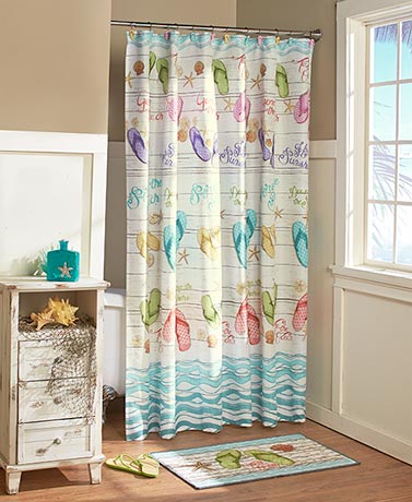 Flip Flops Bathroom Collection Hooks Shower Curtain Rug Towels Soap Lotion Pump