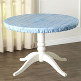 Custom-Fit Elastic Round Table Cover with Wood-Grain Look - Blue