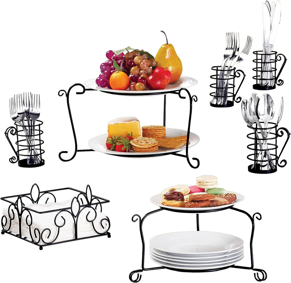 Metal Buffet Organizer with Scroll Design, 7-Piece Set for Plates, Napkins and Cutlery