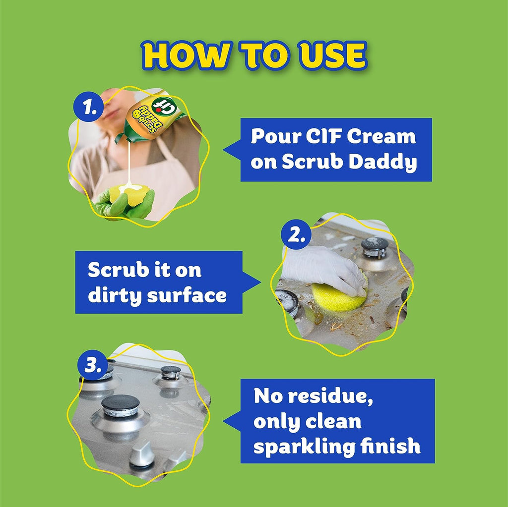 Scrub Daddy OG + 2x Cif All Purpose Cleaning Cream, Lemon - Multi Surface Household Cleaning Cream Scratch-Free Multipurpose Dish Sponge
