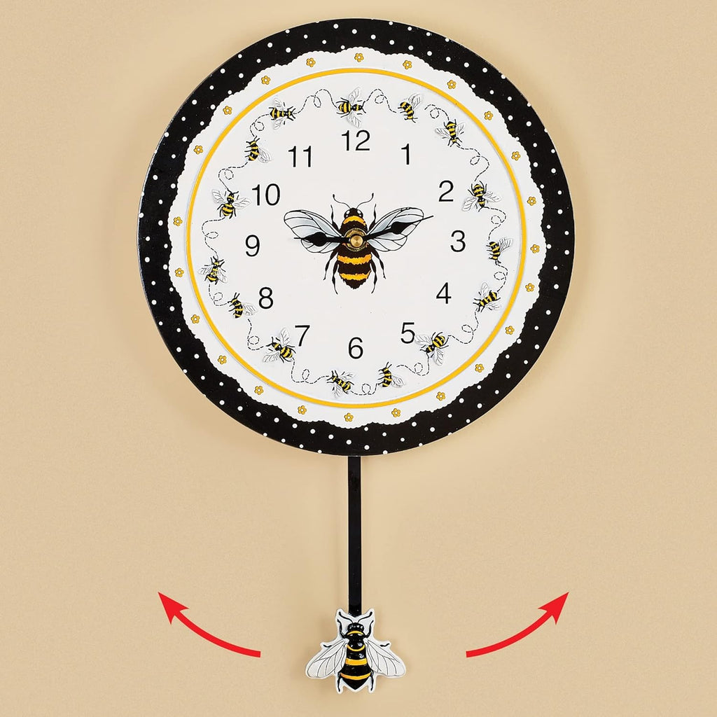 Hand-Painted Honey Bee Pendulum Wall Clock X Black Resin