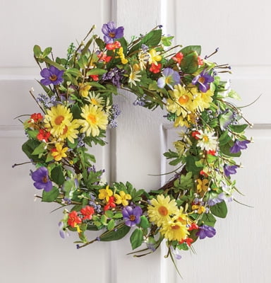 Wild Daisy Floral Twig Wreath Yellow Daisies Orange and Purple Wildflowers 19 1/2"