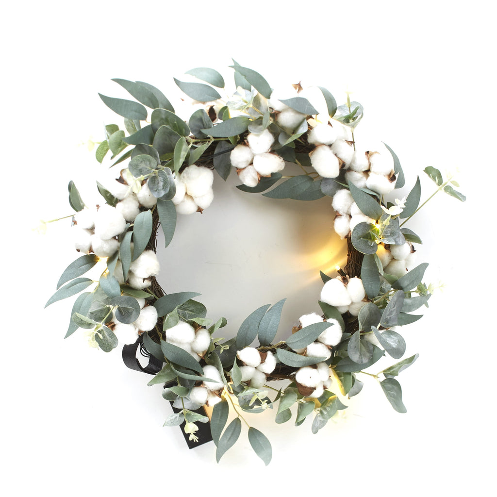 Lighted Farmhouse Accent Cotton Boll Wreath with Cotton Ball Appliques