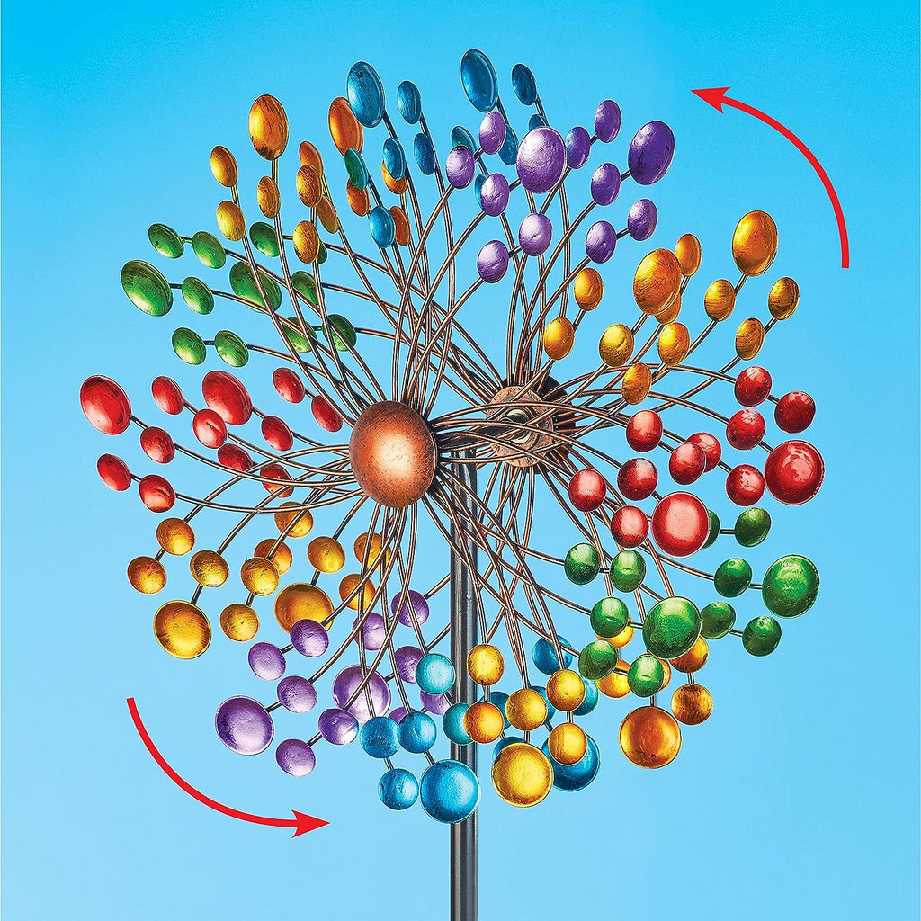 Vibrant Double-Sided Rainbow Metal Wind Spinner Lawn Stake: Whimsical Outdoor Motion and Color