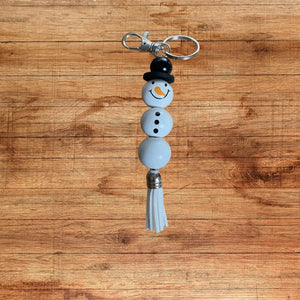 Beaded snowman keychain wooden bubblegum beads white tassel Christmas stocking stuffer