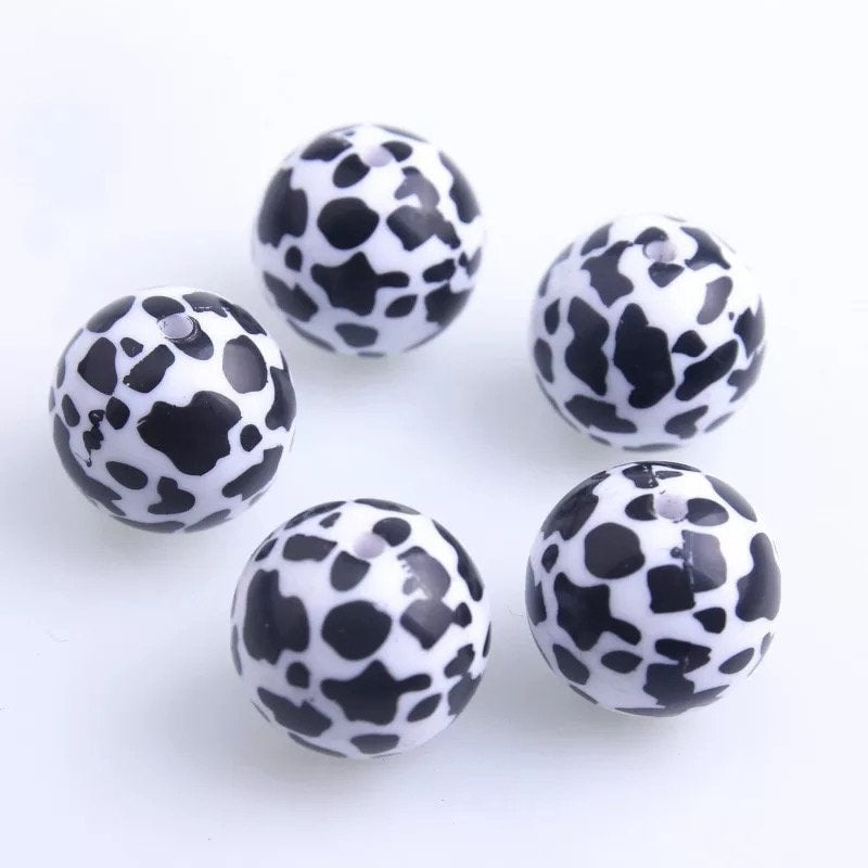 Cow Print 20 mm Bubblegum Beads 20mm Chunky Cowprint Black and White Beads for Keychains Beads for Badge Reals Beads for Jewelry Western Cow
