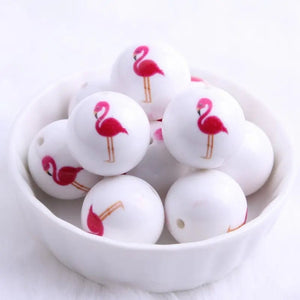 20mm Bubblegum Beads Pink Flamingo Double Sided Printed White Bubble Gum Gumball Beads for Keychains Beads for Badge Reels Chunky Necklace